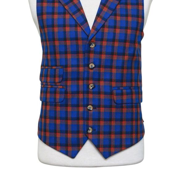 Mens Plaid Vest 44R Wool Blue Orange Waistcoat XL Formal Wedding Groom Party - Picture 5 of 9